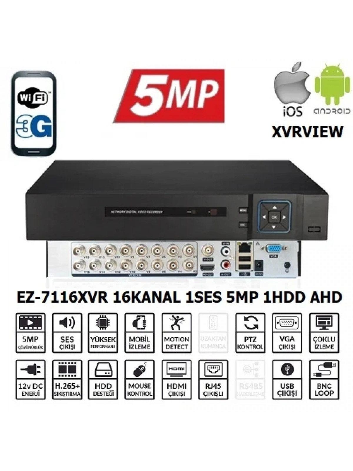 EZCOOL EZ-7116XVR 16CH 5MP KOAKSIYEL SES XVRVIEW