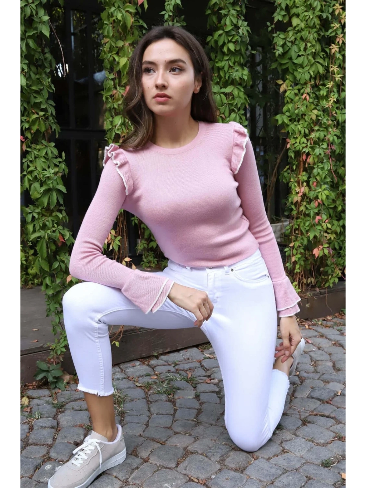 Fırfır Detaylı Triko Bluz - TOZ PEMBE