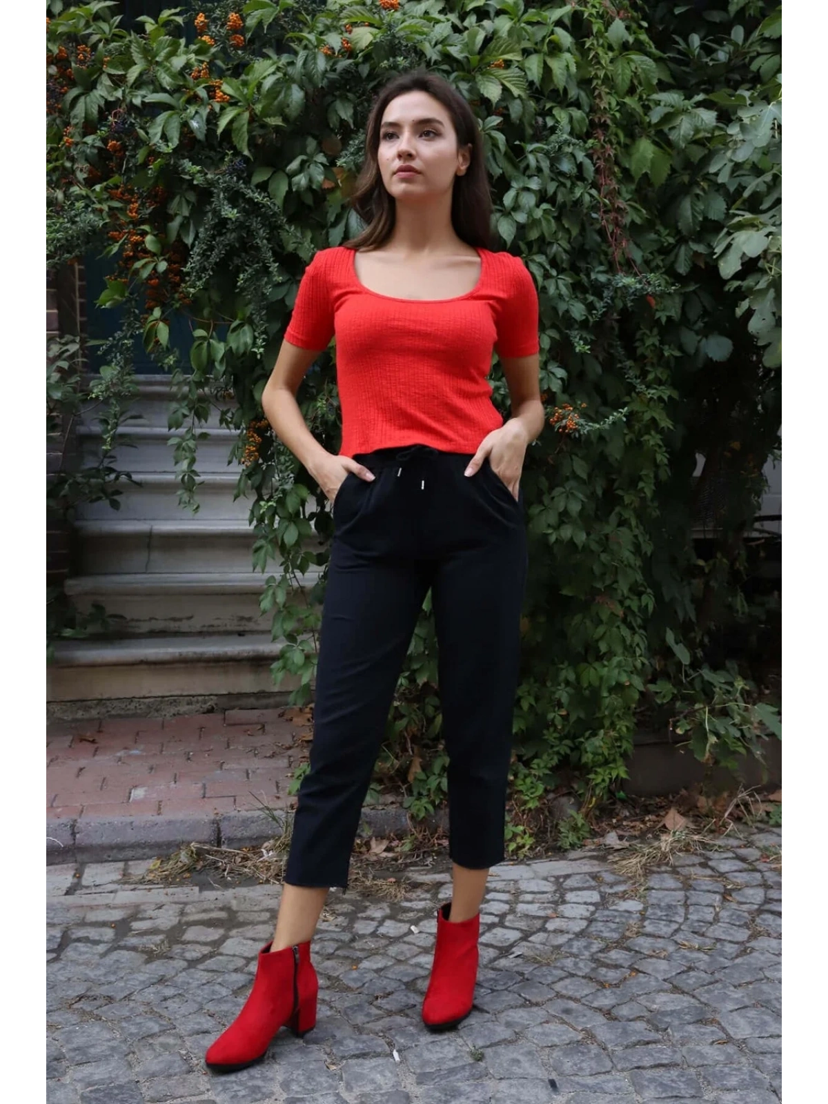 Geniş Yaka Triko Bluz - KIRMIZI