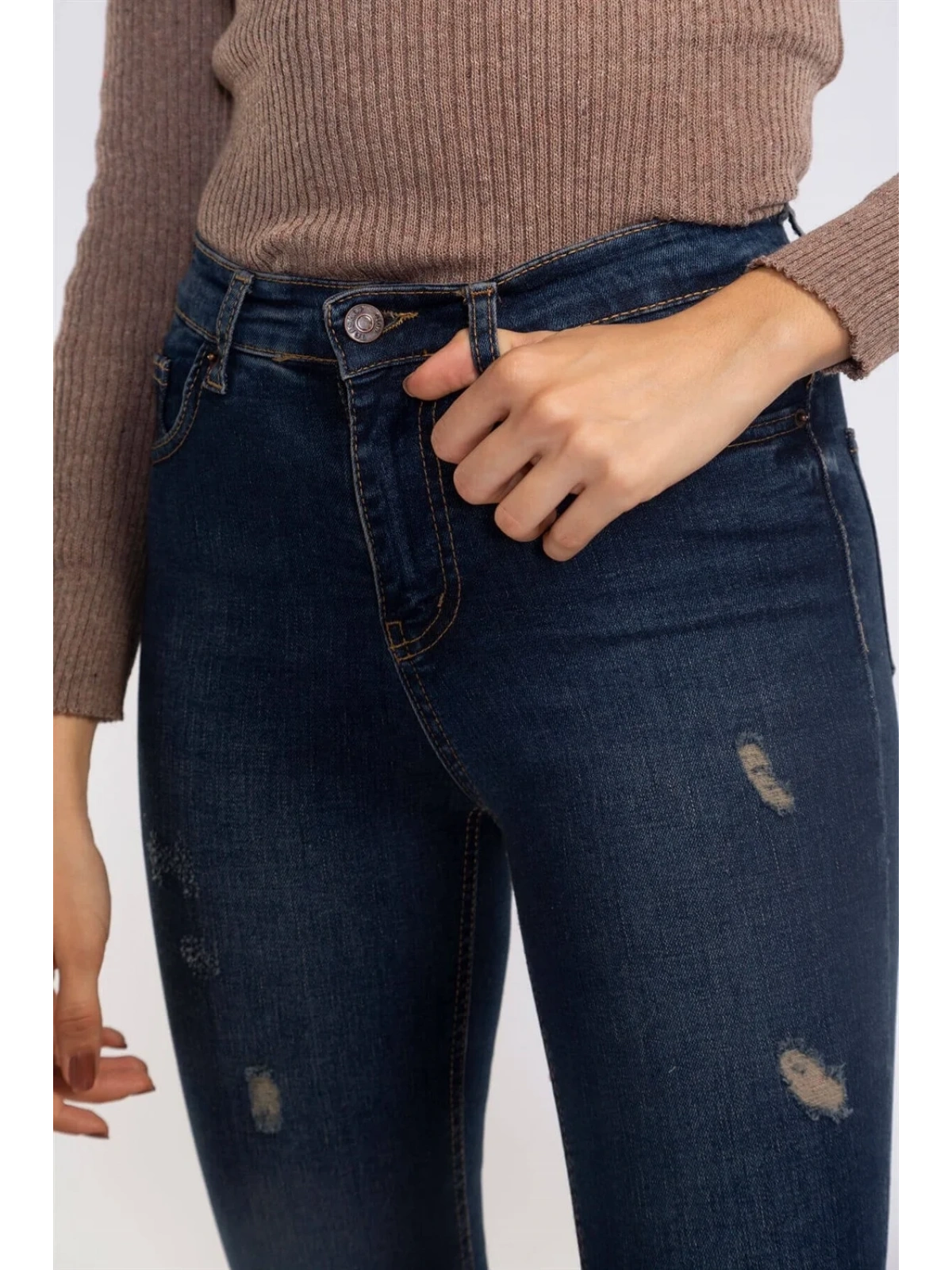 Yırtık Detaylı Skinny Jean Pantolon-LACİVERT