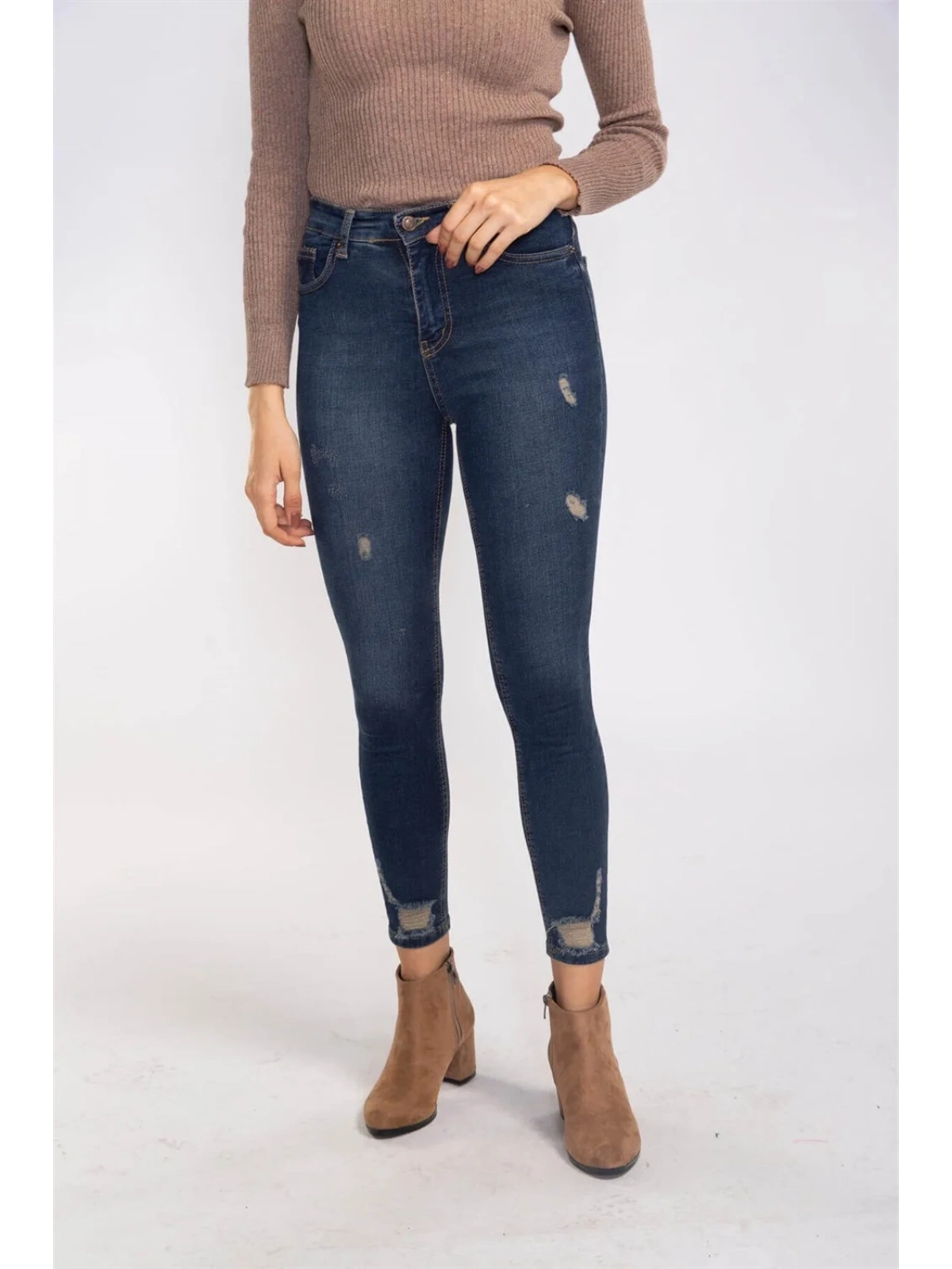 Yırtık Detaylı Skinny Jean Pantolon-LACİVERT