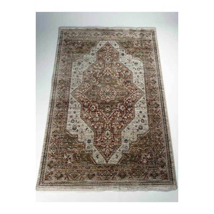 Salon Halısı Etnik Desenli Kiremit Renk Klasik Retro Desen Vintage Yumuşak Dokulu Oturma Odası Halısı