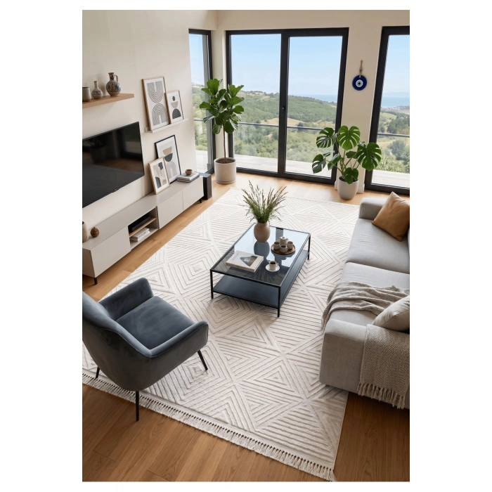 Krem Hav Toz Vermez Modern Geometrik Desenli Modern Dokuma Salon Halısı Oturma Odası Halısı