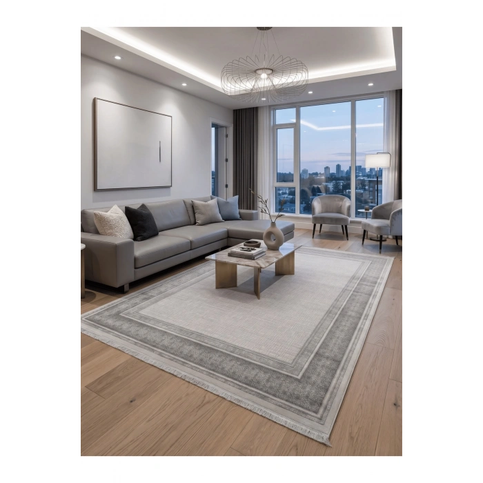 Merinos Vista Gri Çerçeveli %100 Akrilik Yumuşak Dokulu Salon Oturma Odası Halısı