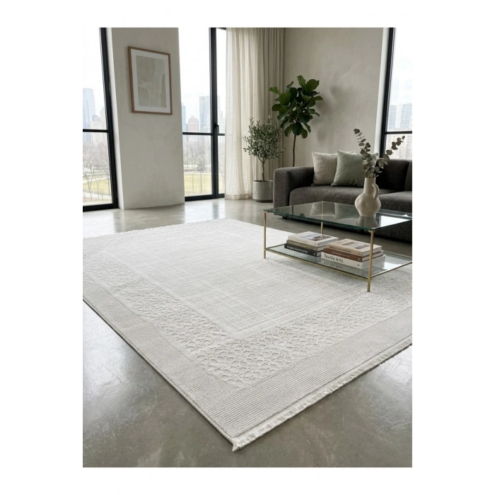 Merinos Vista Beyaz Renk %100 Akrilik Parlak Dokuma Modern Yumuşak Dokulu Salon Oturma Odası Halısı 76589-60