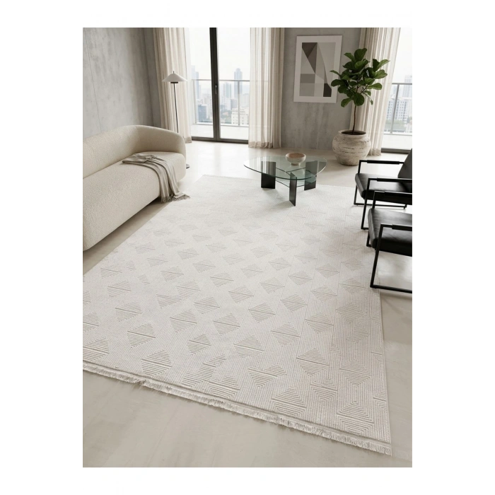 Merinos Vista Beyaz Renk %100 Akrilik Geometrik Desen Yumuşak Dokulu Salon Oturma Odası Halısı 63237-63