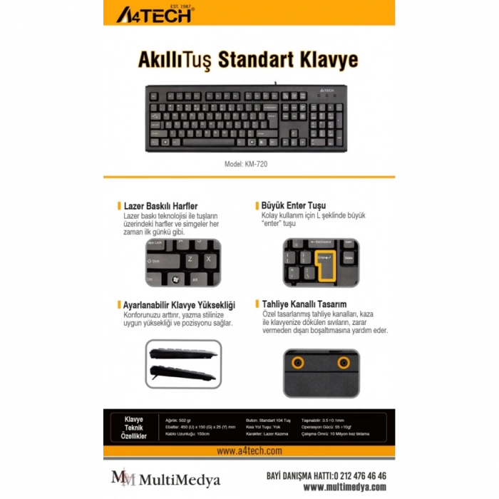 A4 TECH KM-720, Siyah, USB Kablolu, Türkçe Q, Multimedya KLAVYE