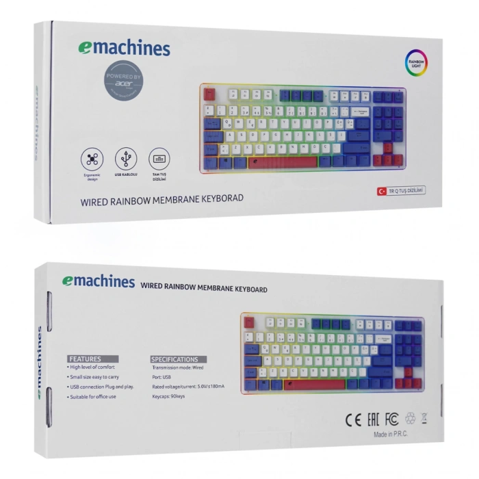 ACER eMachines, EAK216, Beyaz, USB Kablolu, Rainbow Backlight, Membran Renkli Tuşlar, Türkçe Q, 90 Tuşlu, Gaming Klavye