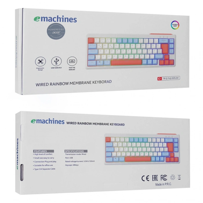 ACER eMachines, EAK810, Beyaz, USB Kablolu, Rainbow Backlight, Membran Renkli Tuşlar, Türkçe Q, 68 Tuşlu, Gaming Klavye