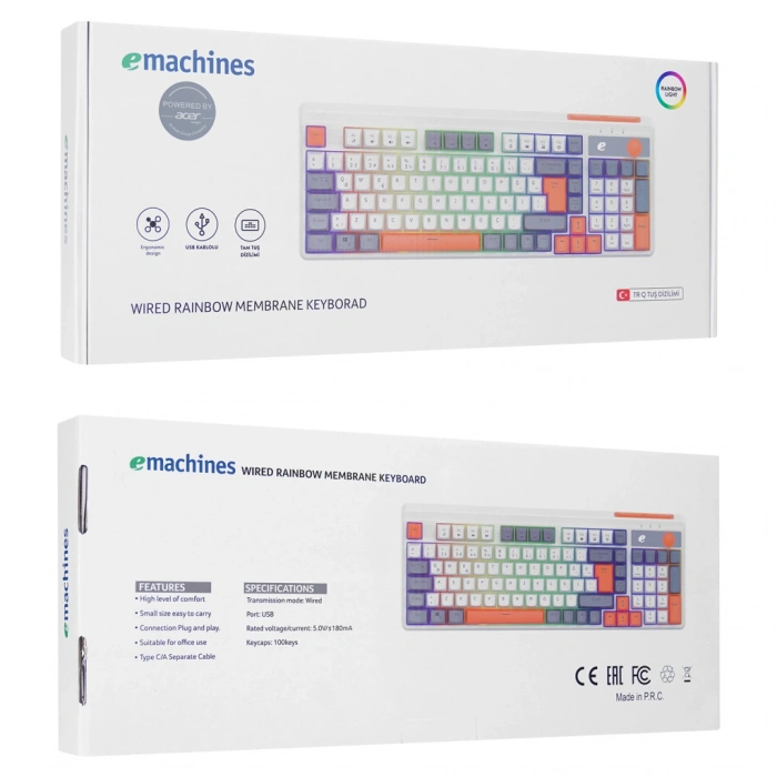 ACER eMachines, EAK860, Beyaz, USB Kablolu, Rainbow Backlight, Membran Renkli Tuşlar, Türkçe Q, 100 Tuşlu, Gaming Klavye