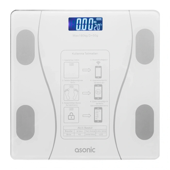 ASONIC BS260, Beyaz, Bluetooth Destekli, Baskül. LCD Gösterge, 260x260mm, 180Kg a kadar ölçme.