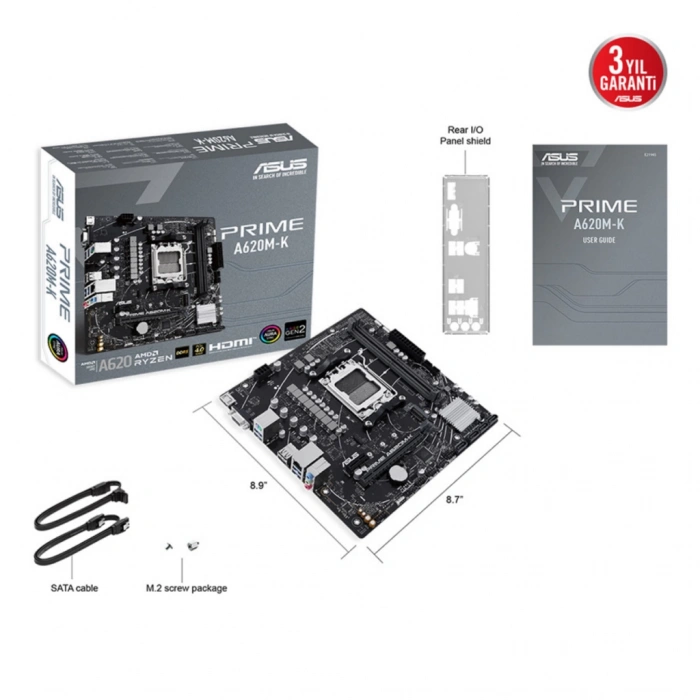 ASUS PRIME A620M-K, 2xDDR5, 1x M.2, D-SUB, HDMI, AM5 Soket Anakart