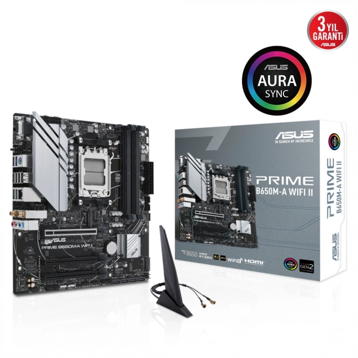 ASUS PRIME B650M-A WIFI II, 4xDDR5, 2x M.2, D-SUB, HDMI, DP, Wi-Fi 6, Bluetooth v5.2, AM5 Soket GAMING Anakart
