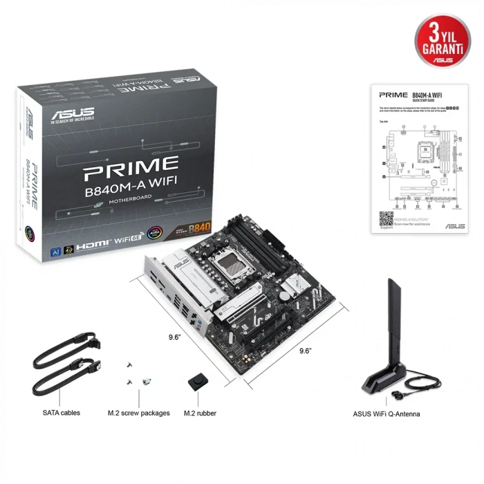 ASUS PRIME B840M-A WIFI, 4xDDR5, 3x M.2, HDMI, 2x DP, Type-C, WI-FI 6E, Bluetooth 5.3, AM5 Soket GAMING Anakart
