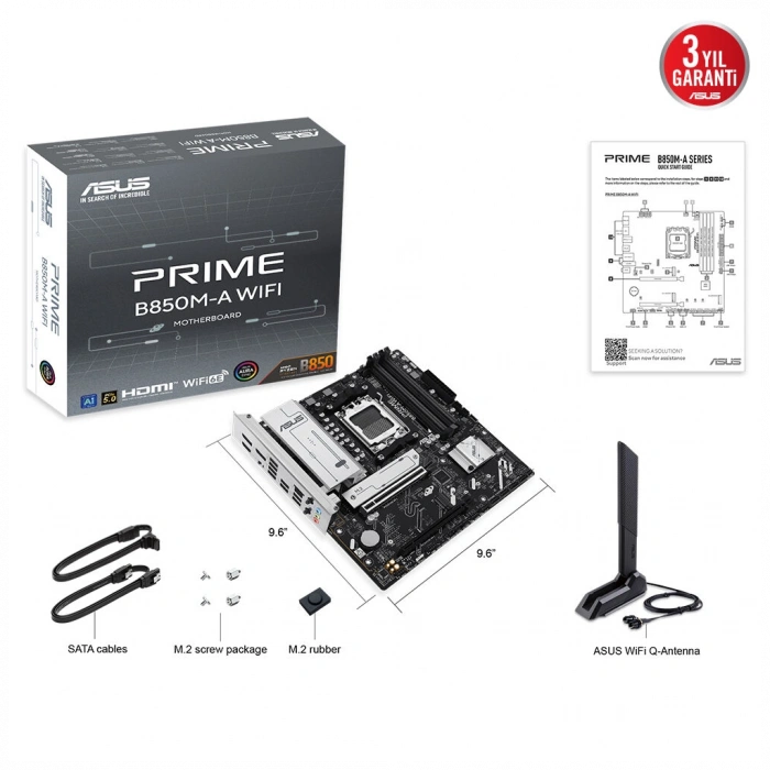 ASUS PRIME B850M-A WIFI, 4xDDR5, 3xM.2, 2xDP, HDMI, Type-C, Wi-Fi 6, Bluetooth 5.3, AM5 Soket Anakart