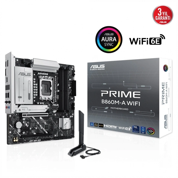 ASUS PRIME B860M-A WIFI, 4xDDR5 2x M.2, HDMI, 2xDP, Wİ-Fİ 6E, Bluetooth v5.3, Type-C, Intel Core Ultra CPU(Seri 2), LGA1851 Soket Anakart