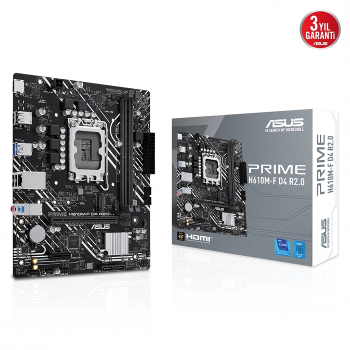 ASUS PRIME H610M-F D4 R2.0, 2xDDR4, M.2, HDMI, 12-13.14.Nesil, LGA1700 Soket, Anakart
