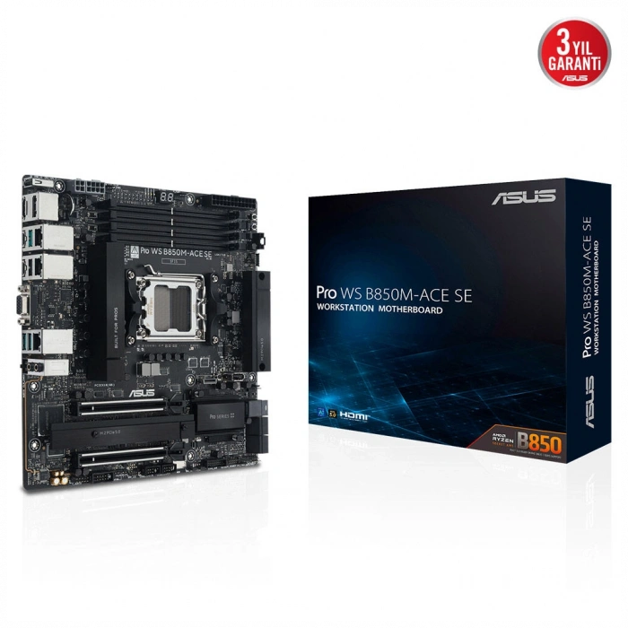 ASUS PRO WS B850M-ACE SE, 4xDDR5, 2xM.2, HDMI, DP, Type-C, D-SUB, PCIe 5.0, AM5 Soket Micro-ATX Anakart