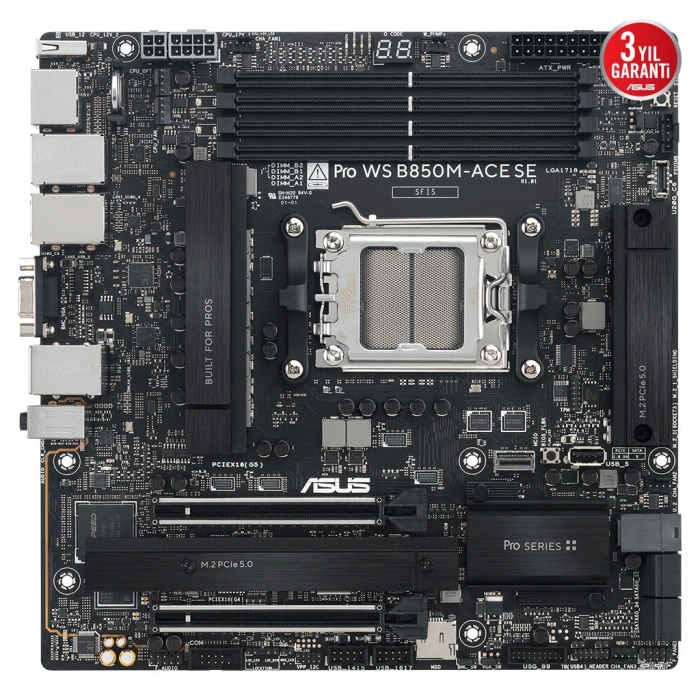 ASUS PRO WS B850M-ACE SE, 4xDDR5, 2xM.2, HDMI, DP, Type-C, D-SUB, PCIe 5.0, AM5 Soket Micro-ATX Anakart