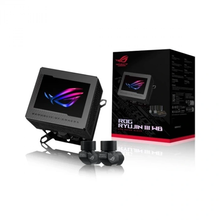 Asus Rog Ryujın Iıı Wb Cpu Su Bloğu Tam Renkli 3.5 Lcd Ekran Gömülü Vrm Fanı 178 Mikro Soğutma Kanadı Ve Bakır Alaşımlı Soğuk Plaka Soğutma Teknolojisi İle Asetek Ve Rog Bağlantı Parçaları