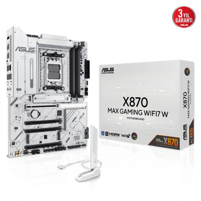 ASUS X870 MAX GAMING WIFI7 W, 4xDDR5, 3xM2, HDMI, DP, Type-C, Wi-Fi 7, Bluetooth v5.3, AM5 Soket GAMING Anakart