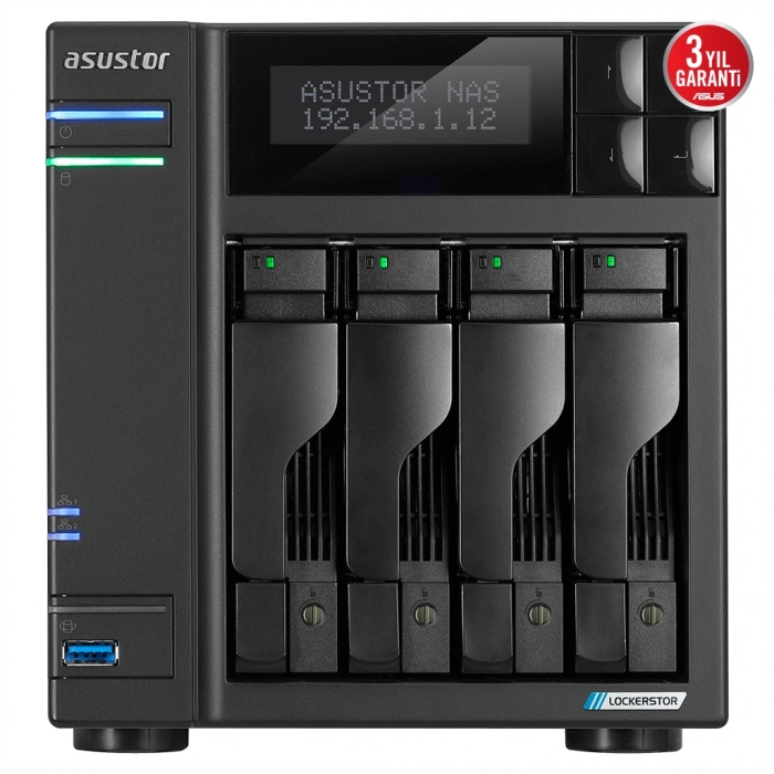 ASUSTOR AS6704T, 4Gb DDR4 Ram, 4 Yuvalı (4x22TB Destek), 4xM.2, PCI-e, 2x2.5GbE Network, 2xUSB 3.2, Tower NAS (Yedekleme) Cihazı