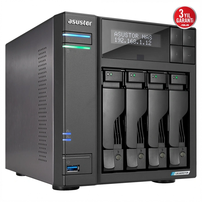 ASUSTOR AS6704T, 4Gb DDR4 Ram, 4 Yuvalı (4x22TB Destek), 4xM.2, PCI-e, 2x2.5GbE Network, 2xUSB 3.2, Tower NAS (Yedekleme) Cihazı