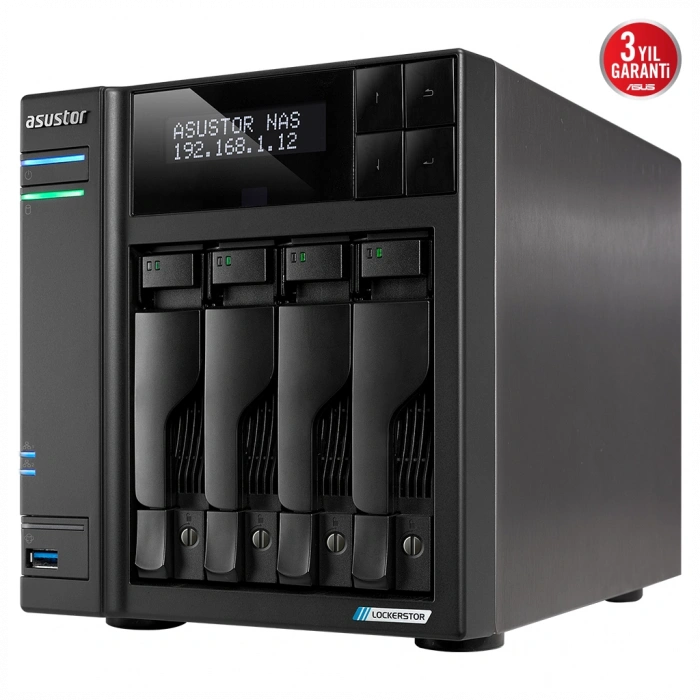 ASUSTOR AS6704T, 4Gb DDR4 Ram, 4 Yuvalı (4x22TB Destek), 4xM.2, PCI-e, 2x2.5GbE Network, 2xUSB 3.2, Tower NAS (Yedekleme) Cihazı