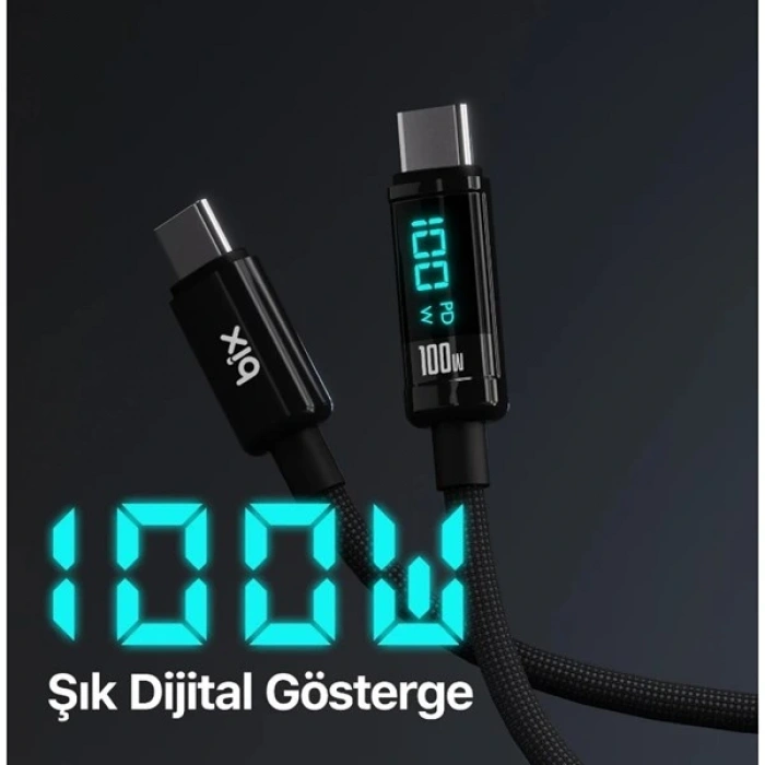 BİX BX09CC-BK SİYAH TYPE-C 100W 1 metre DİJİTAL EKRANLI ŞARJ VE DATA KABLOSU