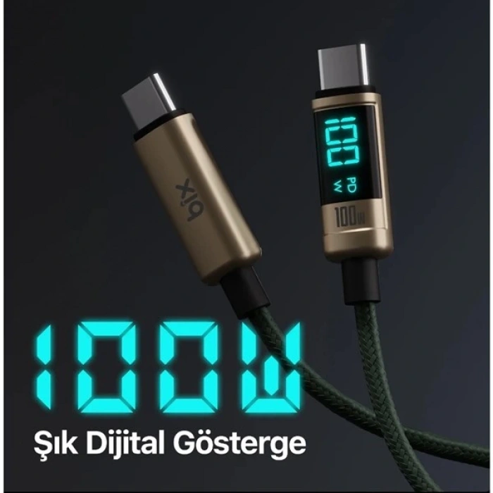 BİX BX09CC-BN BRONZ TYPE-C 100W 1 metre DİJİTAL EKRANLI ŞARJ VE DATA KABLOSU