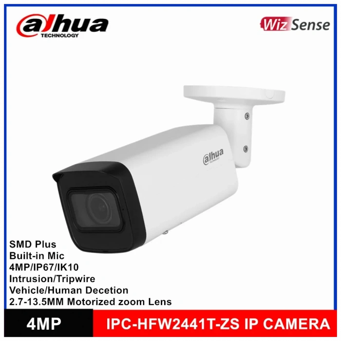DAHUA IPC-HFW2441T-ZAS-2713, 4Mpix, 2,7-13,5mm Motorize Lens, H265+,Starlight, 60Mt Gece Görüşü, Dahili Mikrofon, IP67, PoE Bullet IP Kamera
