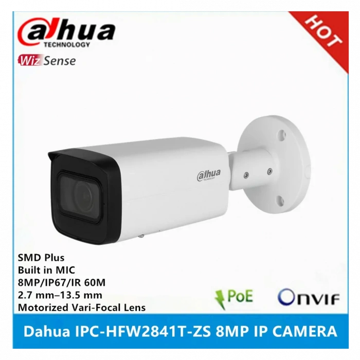 DAHUA IPC-HFW2841T-ZAS-27135, 8Mpix, 2,7-13,5mm Motorize Lens, H265+, 80Mt Gece Görüşü, Dahili Mikrofon, Starlight, IP67,  PoE Bullet IP Kamera