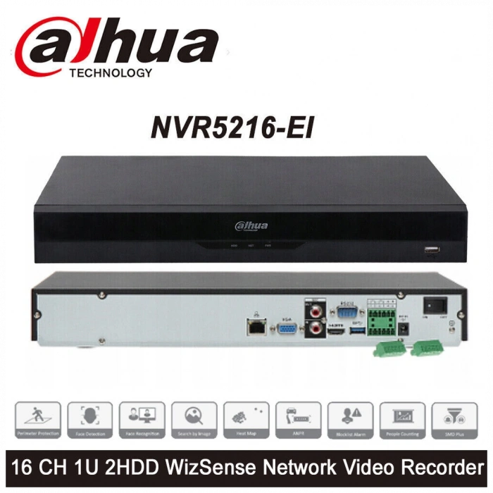 DAHUA  NVR5216-EI, 16Kanal, 12Mpix, H265+, 2 HDD Desteği, 1080P Kayıt, 320Mbps Bant Genişliği, NVR