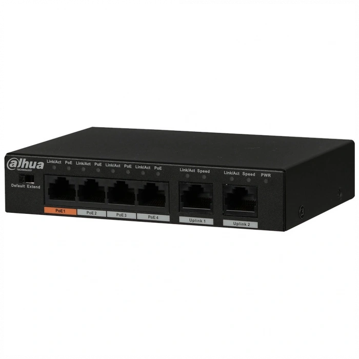 DAHUA PFS3006-4ET-60-V2, 4 Port, Megabit, PoE 60W, 2 Port Uplink, Yönetilemez, Masaüstü Switch