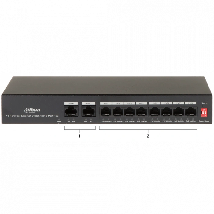 DAHUA PFS3010-8ET-65, 8 Port, MegaBit, PoE 65W, 2 Port Uplink, Yönetilemez, Masaüstü Switch