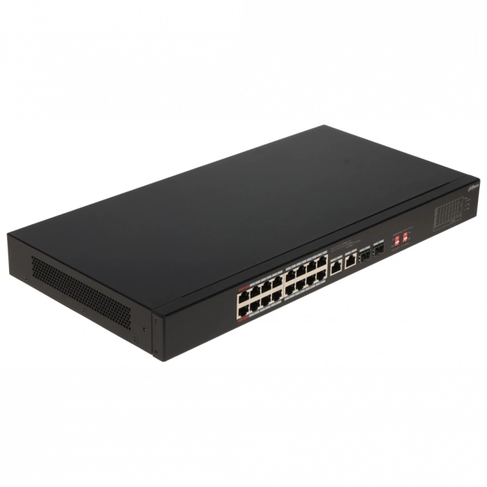 DAHUA S3218-16ET-135, 16 Port, Megabit, PoE 135W, 2 Port GigaBit Uplink, 2 Port GigaBit SFP, Longe Range 250Mt, Yönetilemez, Rack Mount Switch