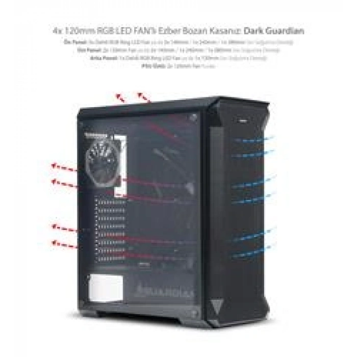 Dark GUARDIAN 4x12cm Dual RGB Fan USB3.0 T-Glass ATX Oyuncu Kasası