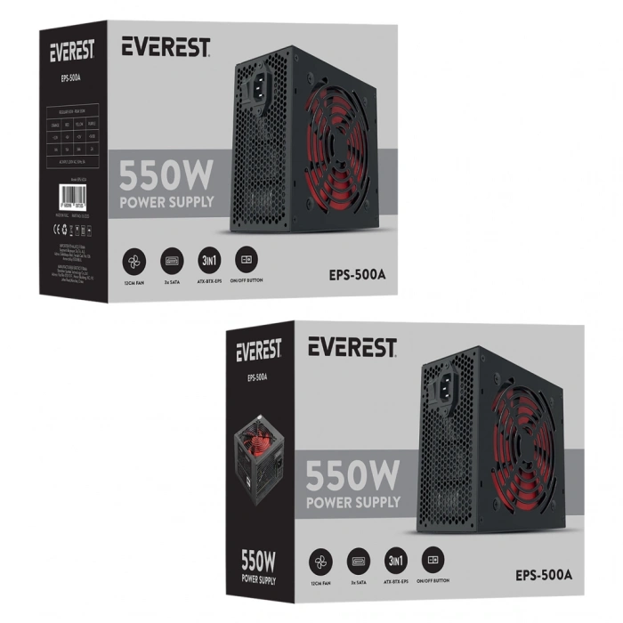 EVEREST EPS-500A, 500W, 12cm Fan, ATX, GAMING Power Supply (PSU) Kutulu