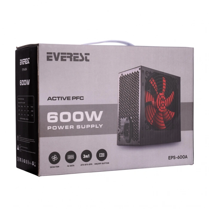 EVEREST EPS-600A, Peak 600W, 12cm Fan, ATX, Aktif PFC, GAMING Power Supply (PSU)