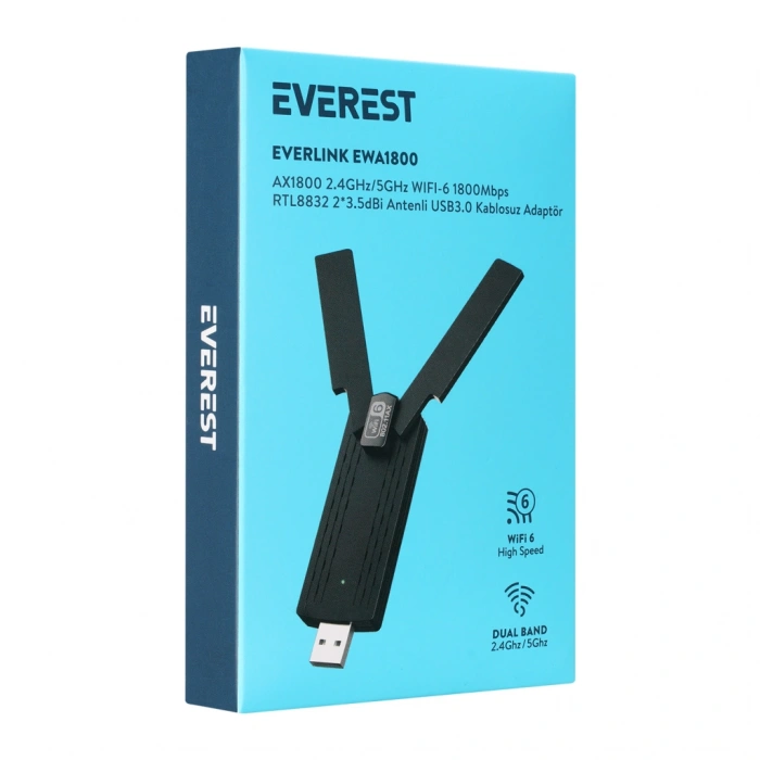 EVEREST EWA1800, 1800Mbp, 2.4Ghz ve 5Ghz Dual Band, WIFI 6, 2x3.5dbi Anten, USB3.0, WIRELESS ETHERNET
