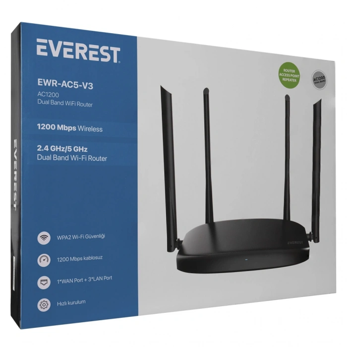 EVEREST EWR-AC5-V3, AC1200, 1200Mbps, Dual Band Wifi, 4Port, 1 WAN, Masaüstü, Megabit, WISP, Repeater, Router, Access Point