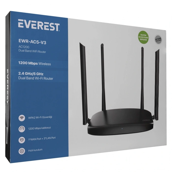 EVEREST EWR-AC5-V3, AC1200, 1200Mbps, Dual Band Wifi, 4Port, 1 WAN, Masaüstü, Megabit, WISP, Repeater, Router, Access Point