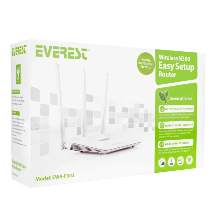 EVEREST EWR-F303, 3Port, 1 WAN, 300Mbps, 2.4Ghz Wifi, Masaüstü, Megabit, WISP, Repeater, Router, Access Point
