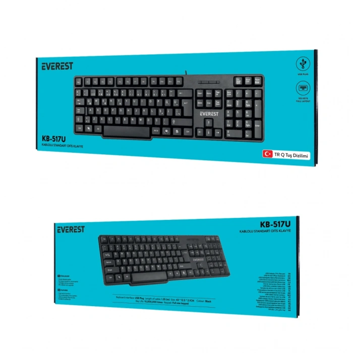 EVEREST KB-517U, USB Kablolu, Türkçe Q,  Standart Klavye (Siyah)