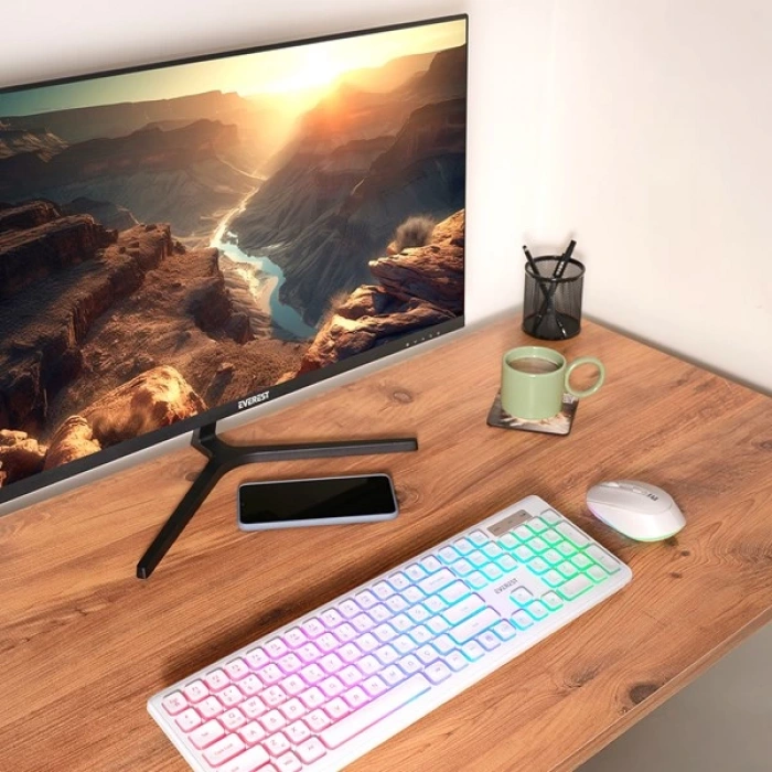 Everest KM-319BT Beyaz 2.4G+BT1+BT2 Çoklu Cihaz Bağlantılı Q Set Kablosuz Klavye + Mouse