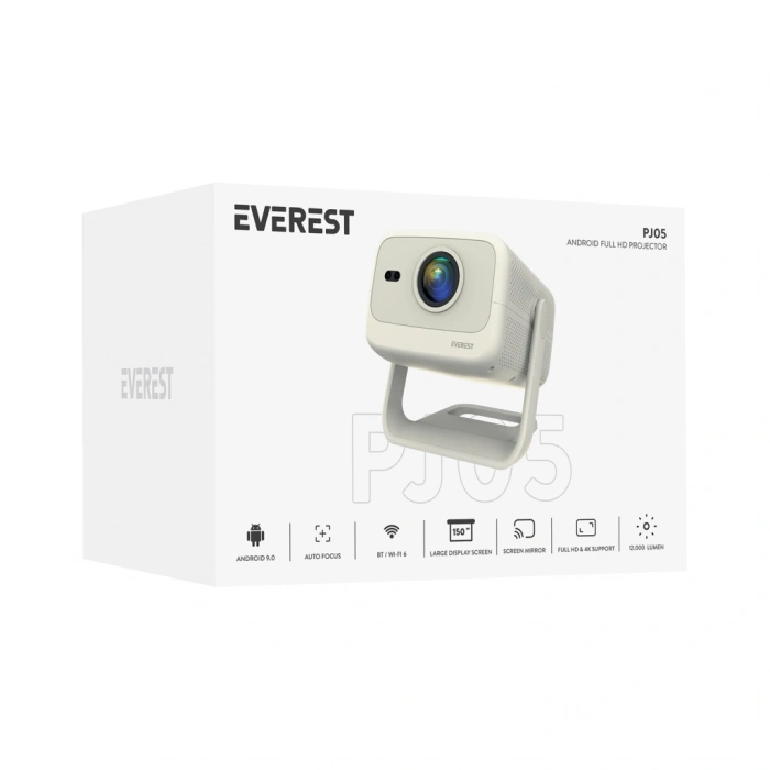 EVEREST PJ05, 400 LED Lümen, 1920X1080P, 1xHDMI, 1xUSB, RJ45, WiFi 6, Bluetooth, 30.000 Saat Led Ömrü, 1.5W Speaker, Android 9, 4K Destekli Projeksiyon Cihazı