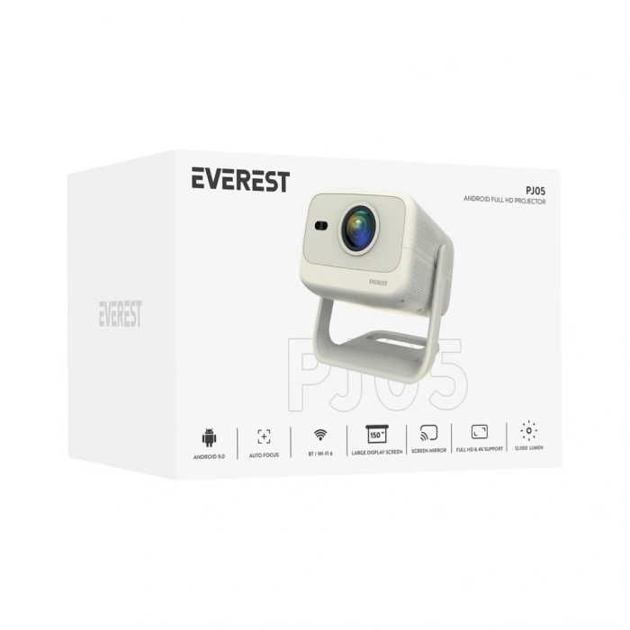 EVEREST PJ05, 400 LED Lümen, 1920X1080P, 1xHDMI, 1xUSB, RJ45, WiFi 6, Bluetooth, 30.000 Saat Led Ömrü, 1.5W Speaker, Android 9, 4K Destekli Projeksiyon Cihazı