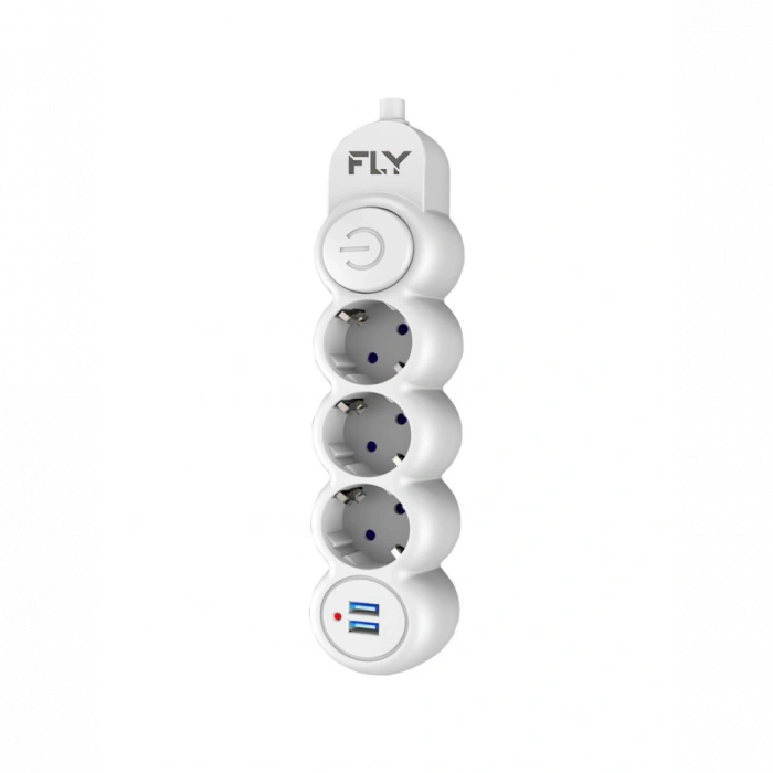 FLY 3393-01, 3 Soket, 2 USB, Akım Korumalı Priz, 2.1A, Anahtarlı, 2Mt Kablo, (Beyaz)
