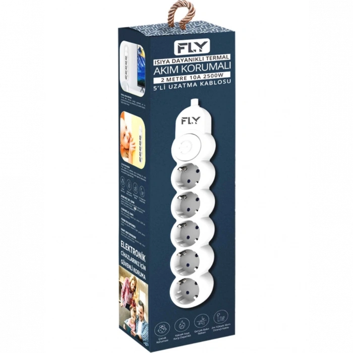 FLY 3394-01, 5 Soket, Akım Korumalı Priz, 2.1A, Anahtarlı, 2Mt Kablo, (Beyaz)