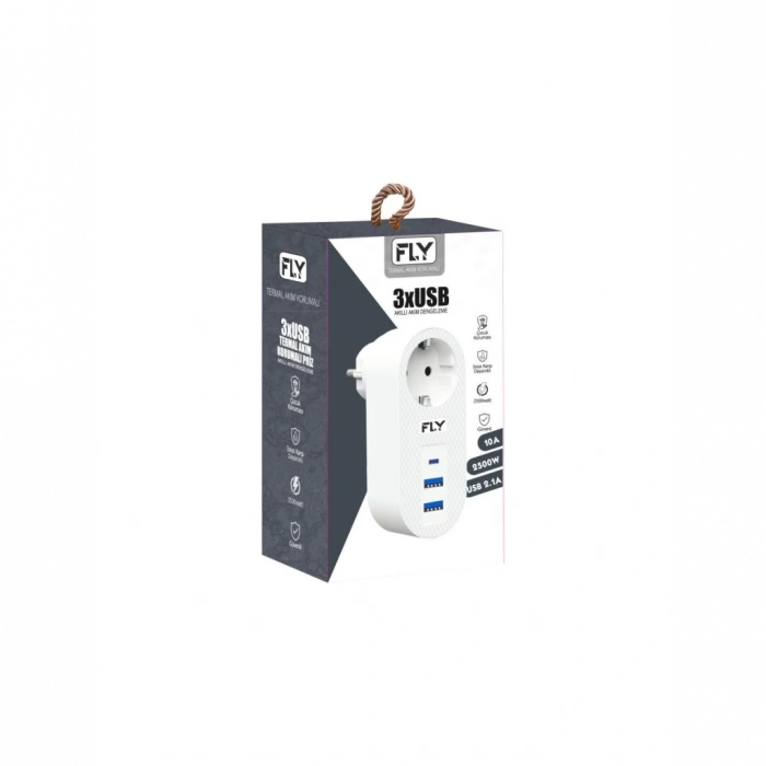 FLY 3400-01, 1 Soket, 2 USB, 1 Type-C, Akım Korumalı Priz, 2.1A, (Beyaz)